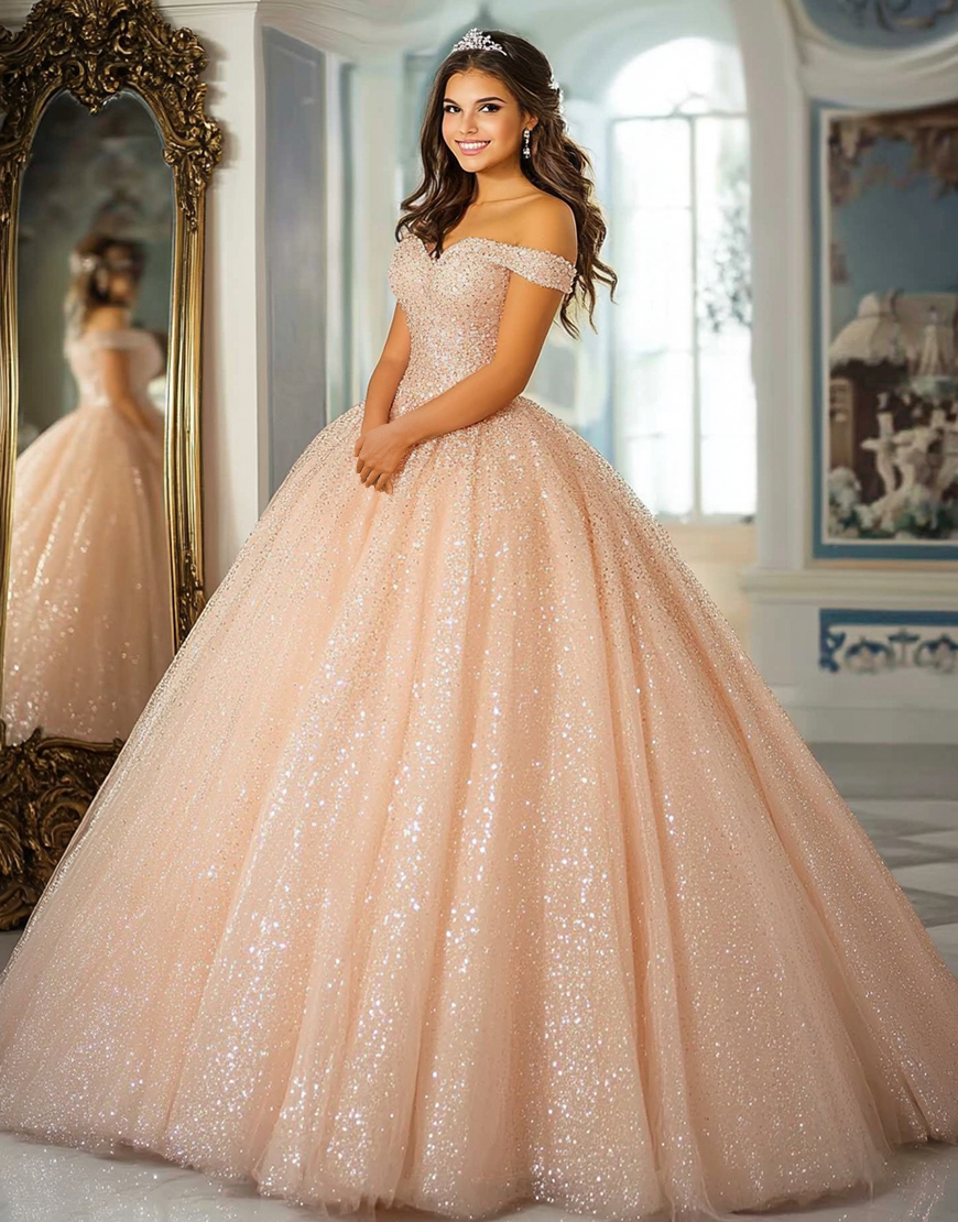 Sparkly Champagne Tulle Ball Gown Off the Shoulder Sequin Quinceanera Dress