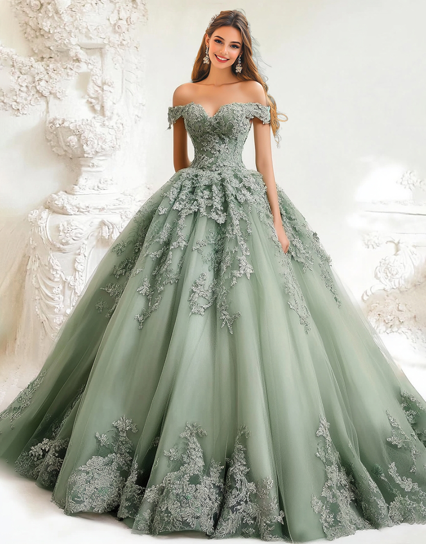 Dusty Sage Tulle Princess Off the Shoulder Quinceanera Dress with Appliques