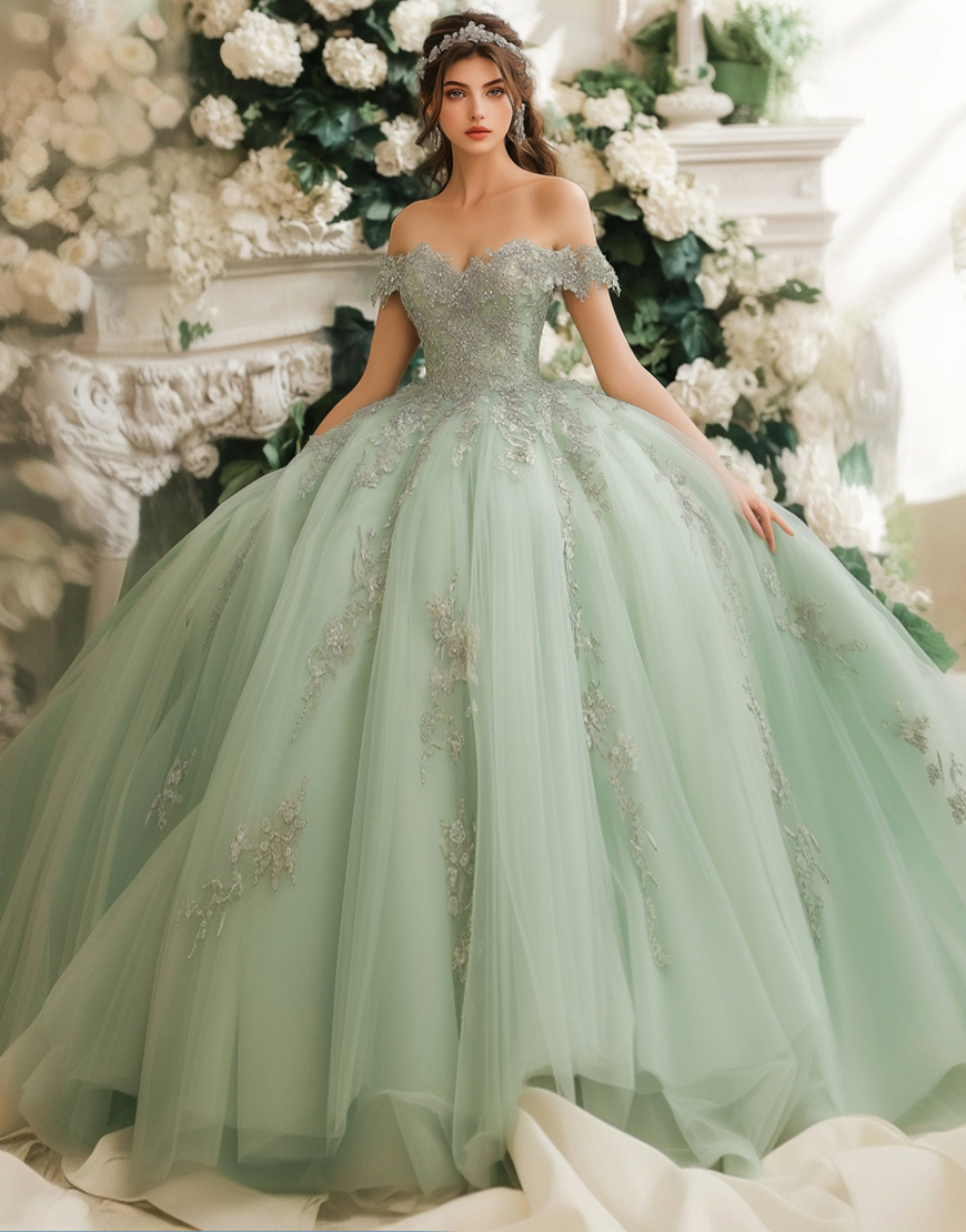 Dusty Sage Tulle Ball Gown Off the Shoulder Applique Quinceanera Dress