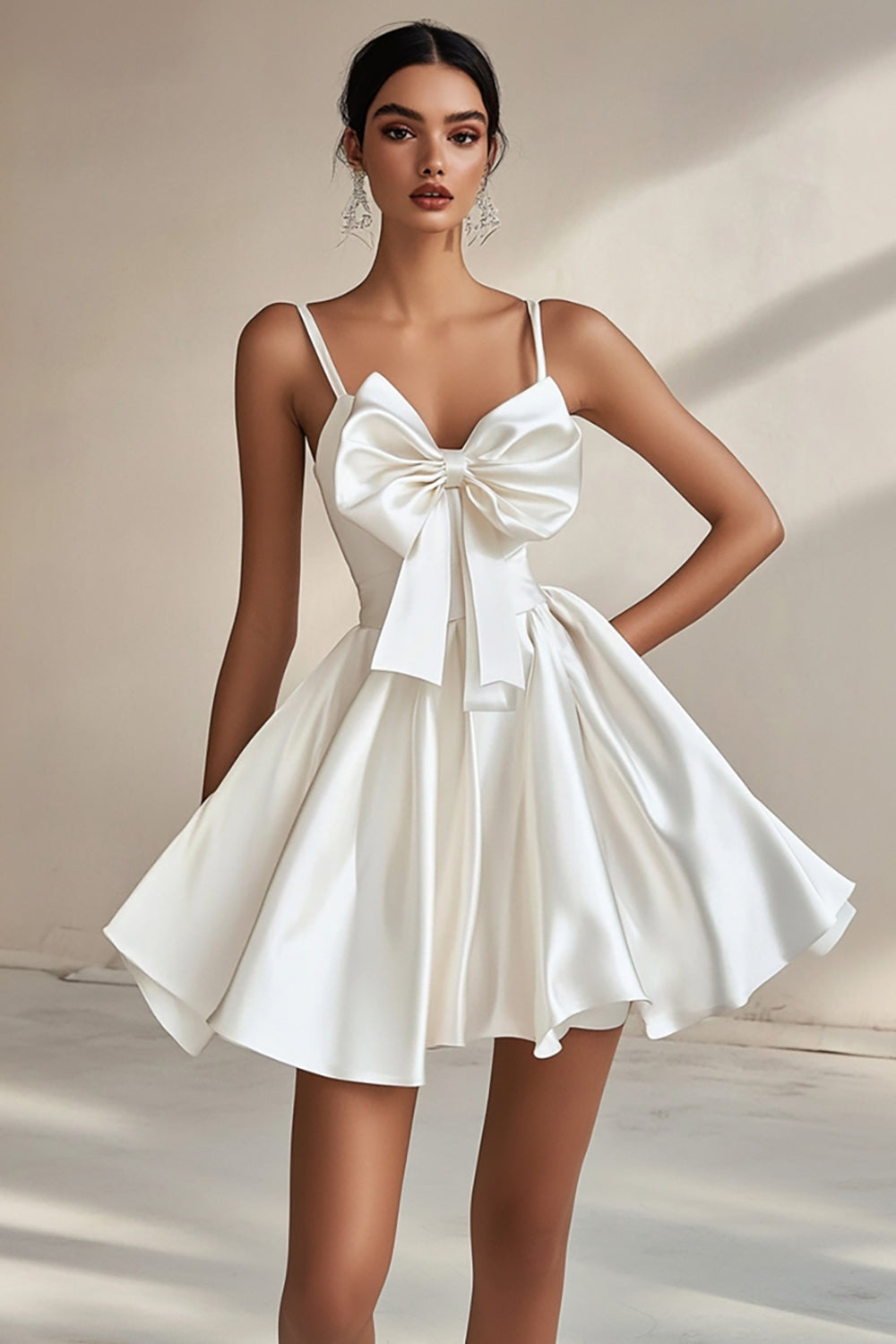 A Line Short White Satin Spaghetti Straps Graduation Dress with Bow