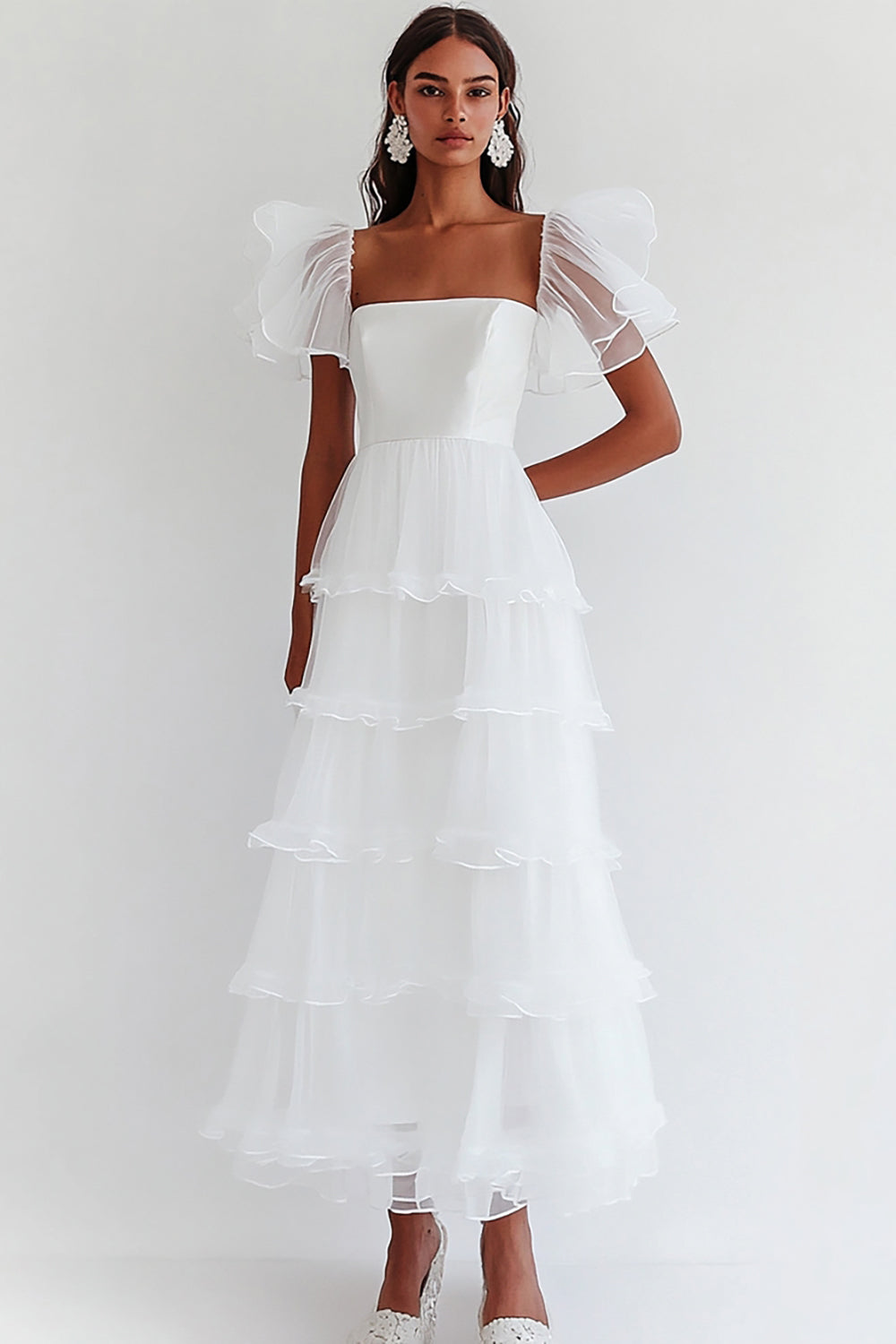 White Chiffon Ruffled Square Neck A Line Graduation Dress