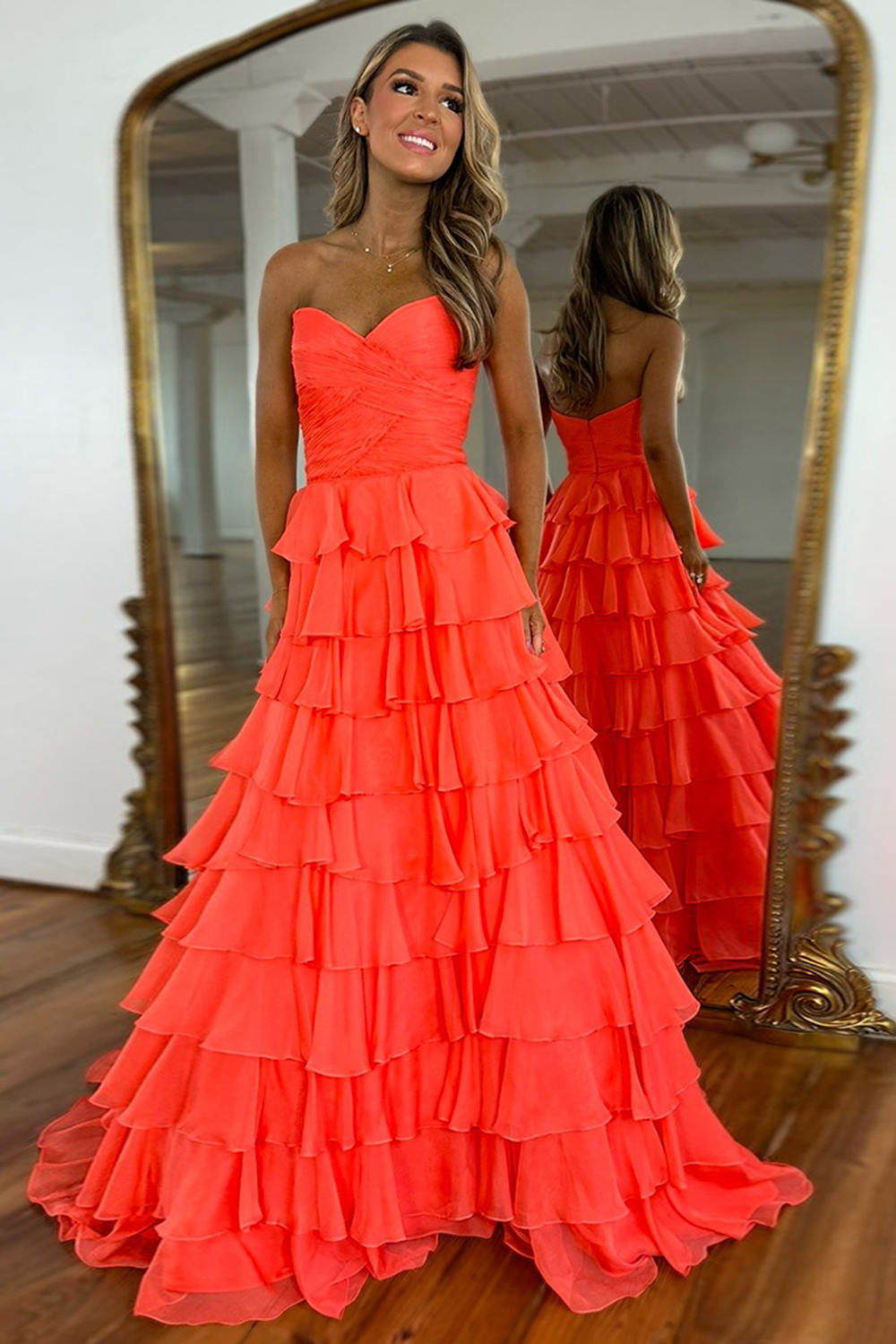 Orange A Line Sweetheart Long Prom Dress with Ruffles