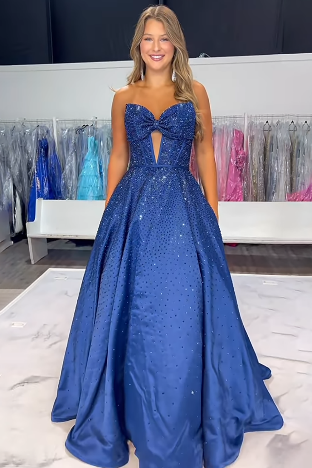 Sparkly White Beaded Princess Sweetheart Long Corset Prom Dress with Bow