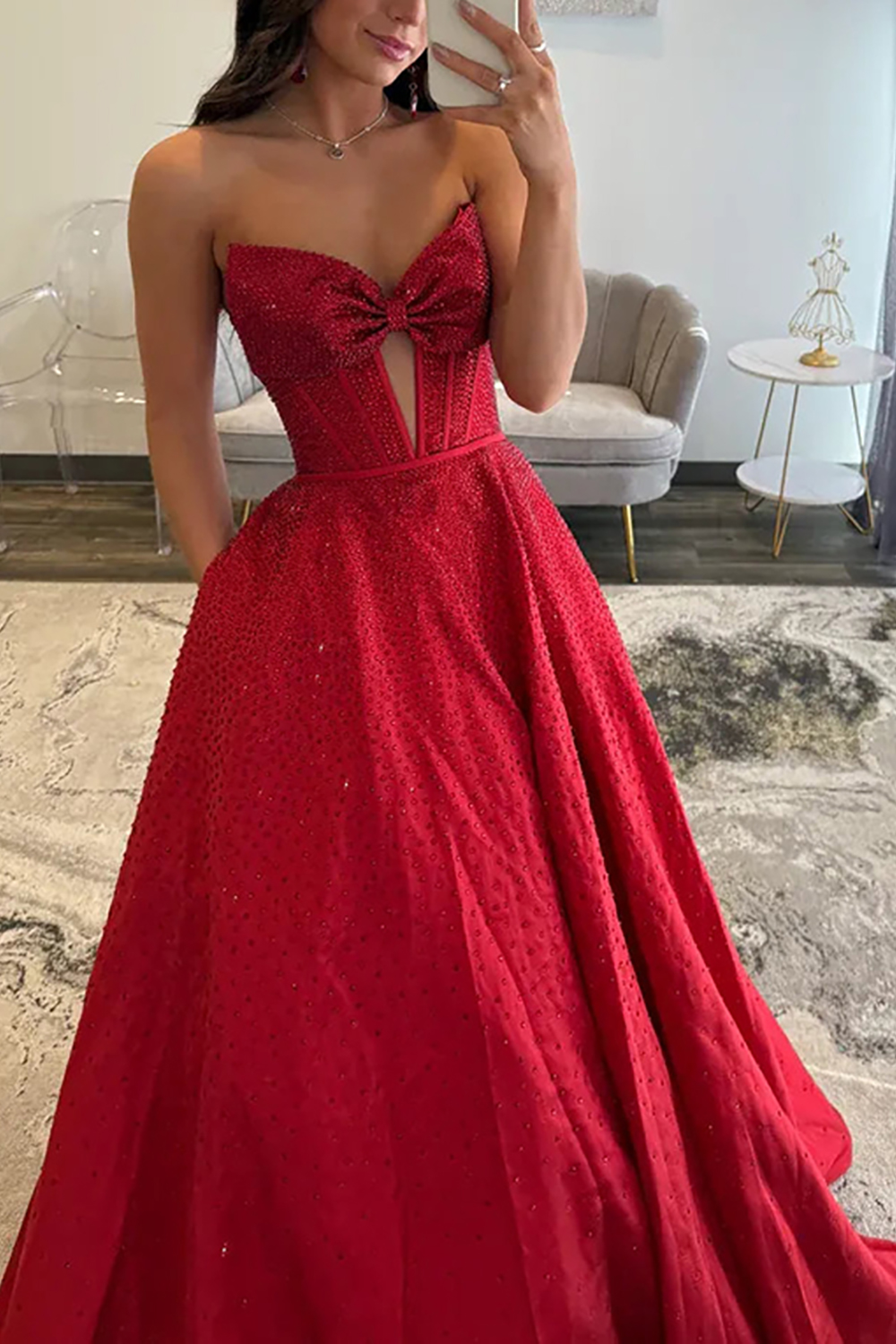 Sparkly White Beaded Princess Sweetheart Long Corset Prom Dress with Bow