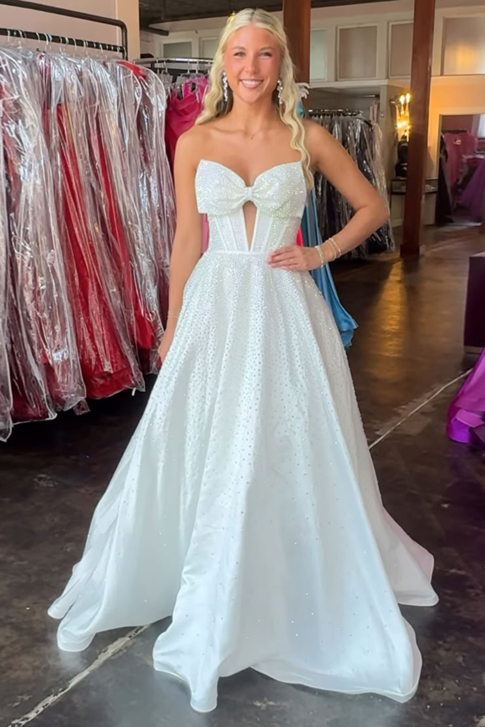 Sparkly White Beaded Princess Sweetheart Long Corset Prom Dress with Bow