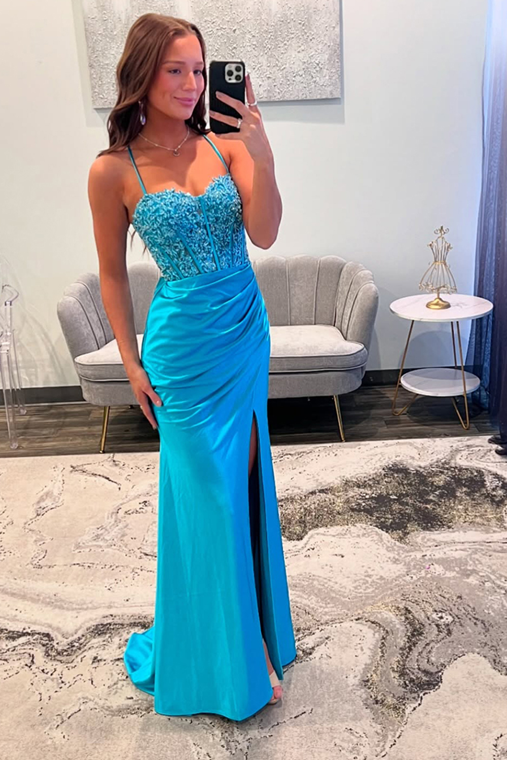 Blue Appliqued Spaghetti Straps Long Prom Dress with Slit