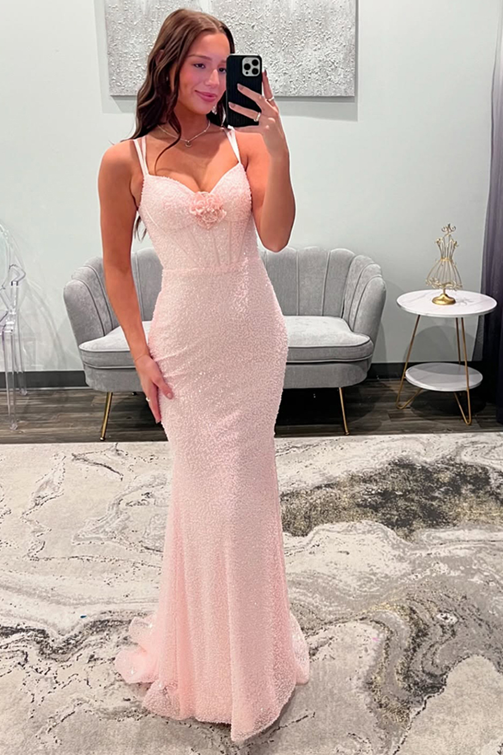 Sparkly Light Pink Corset Long Prom Dress with 3d Flowers