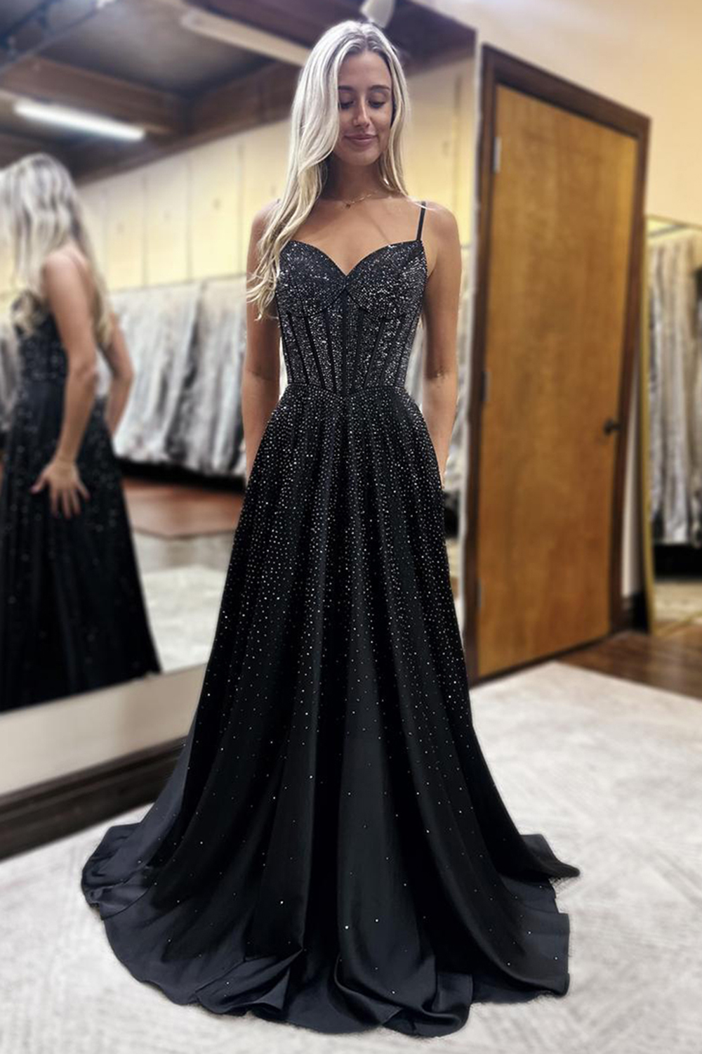 Spaghetti Straps Sparkly Black A Line Long Prom Dress with Beadings