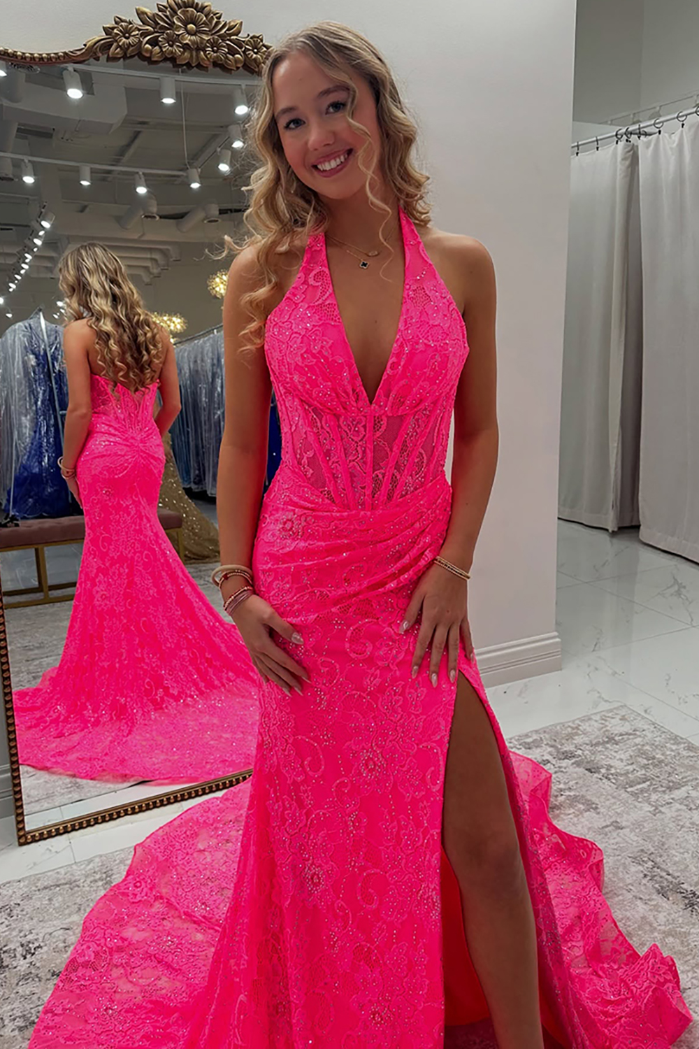 Halter Pink Long Lace Prom Dress with Slit