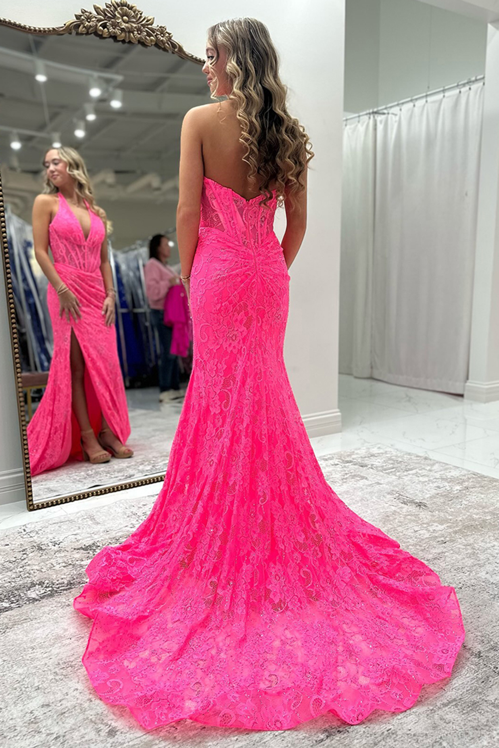 Halter Pink Long Lace Prom Dress with Slit
