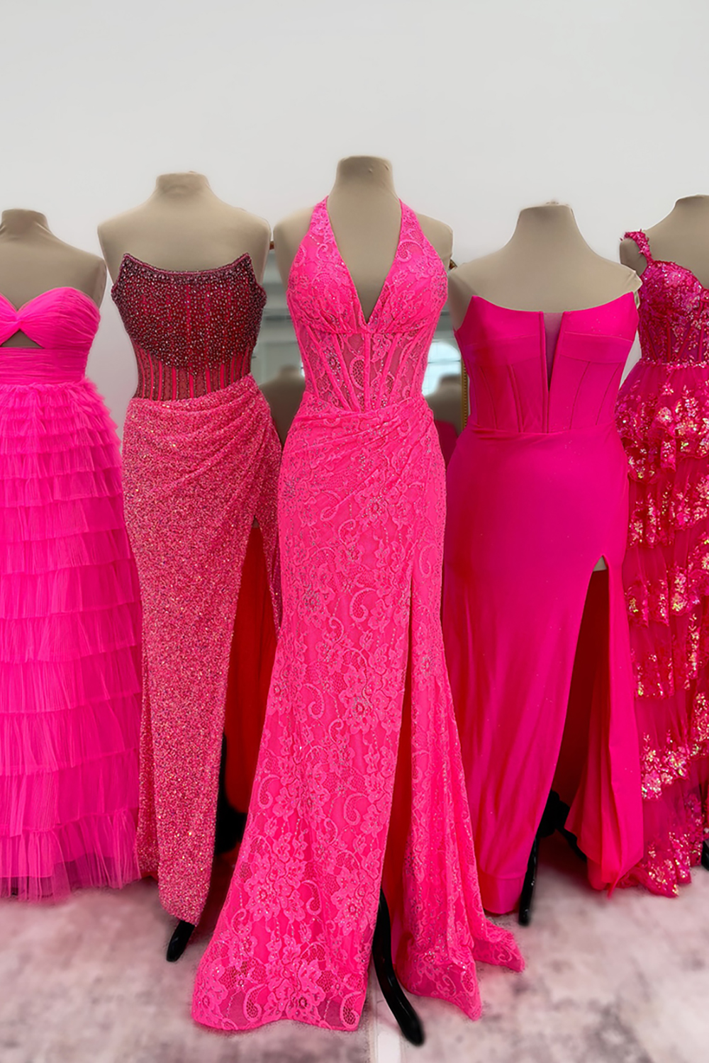 Halter Pink Long Lace Prom Dress with Slit