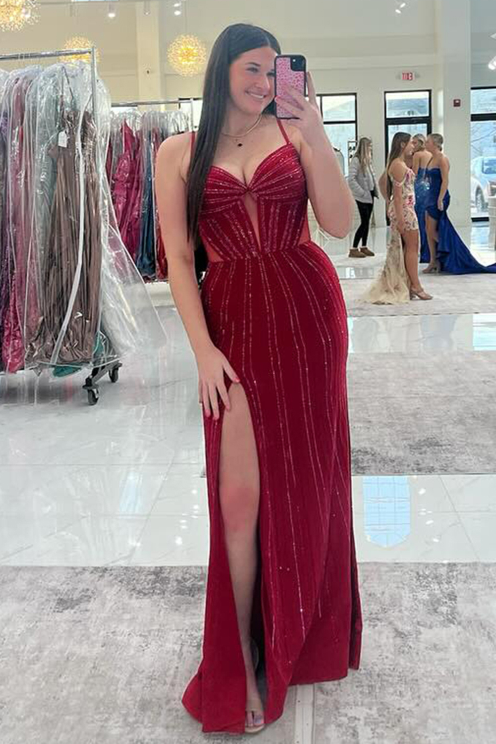 Sparkly Burgundy Spaghetti Straps Memriad Long Prom Dress with Slit