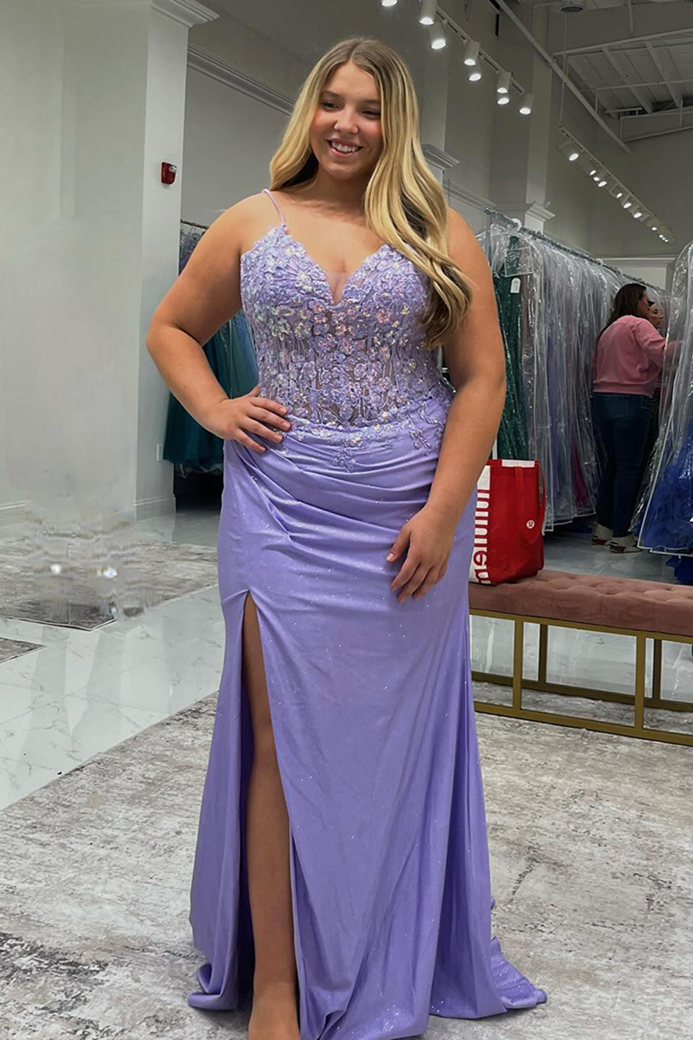 Sparkly Lilac Memriad Long Appliqued Prom Dress with Slit