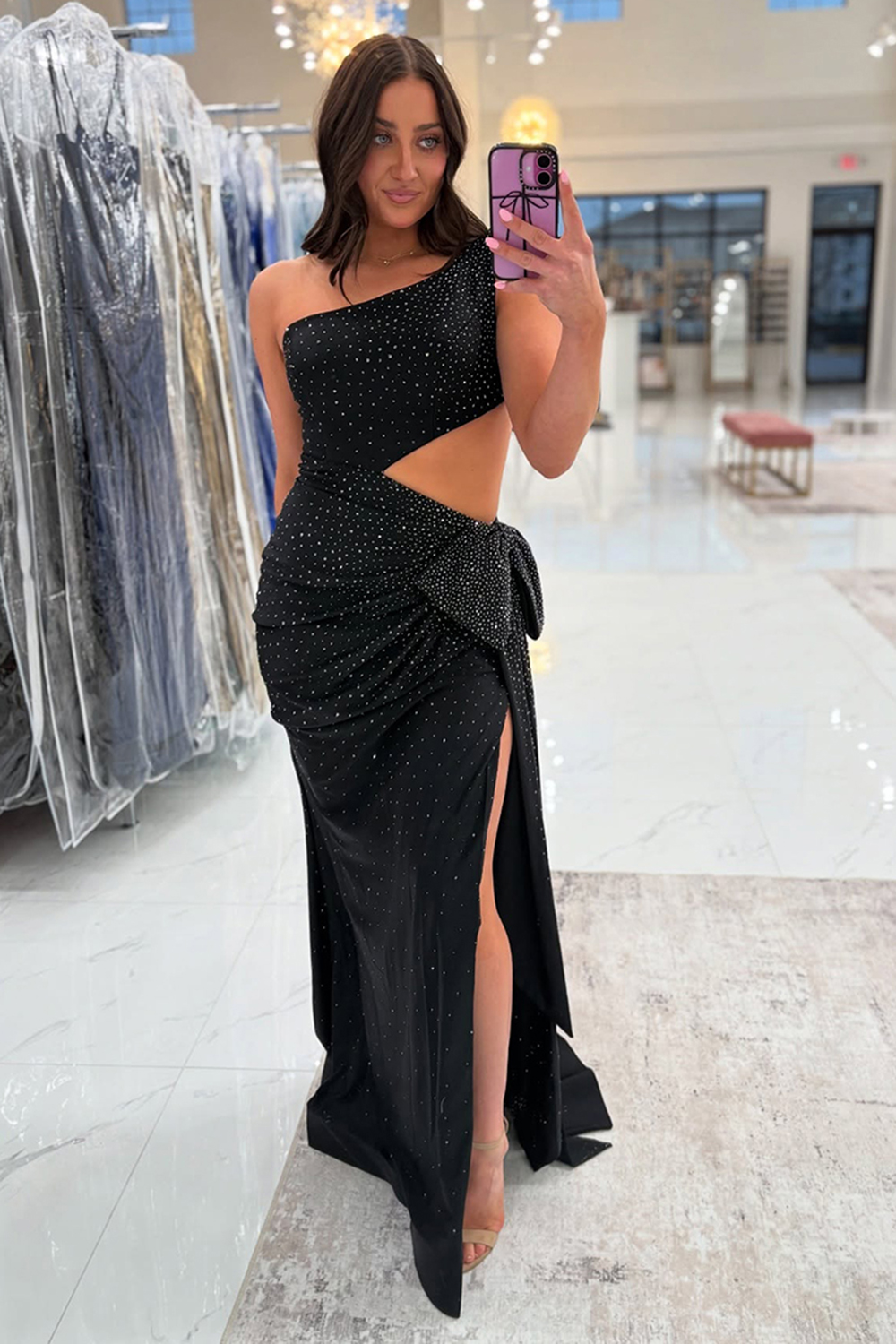 Sparkly Black One Shoulder Cut Out Long Prom Dress with Slit