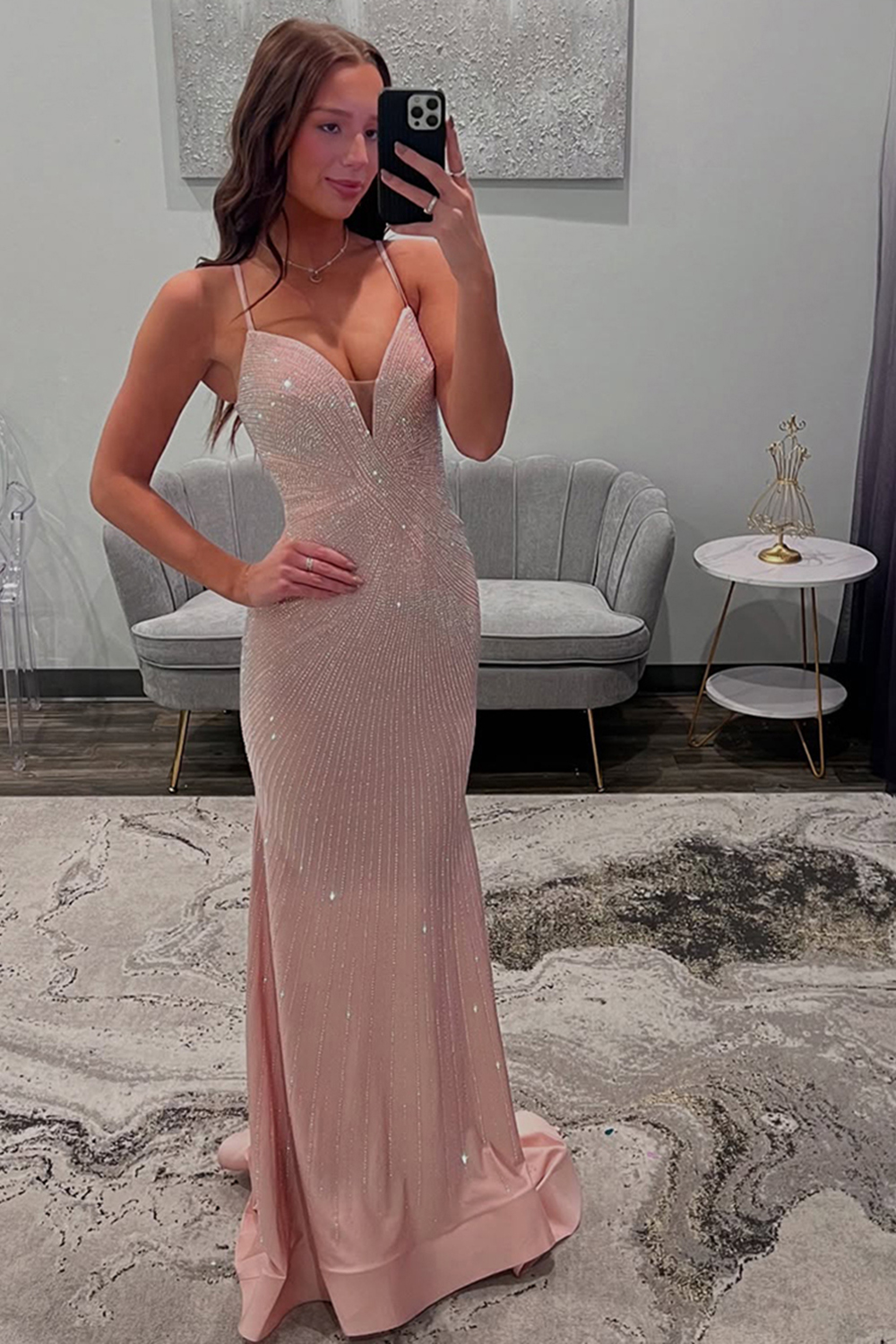 Spaghetti Straps Sparkly Light Pink Beaded Long Prom Dress