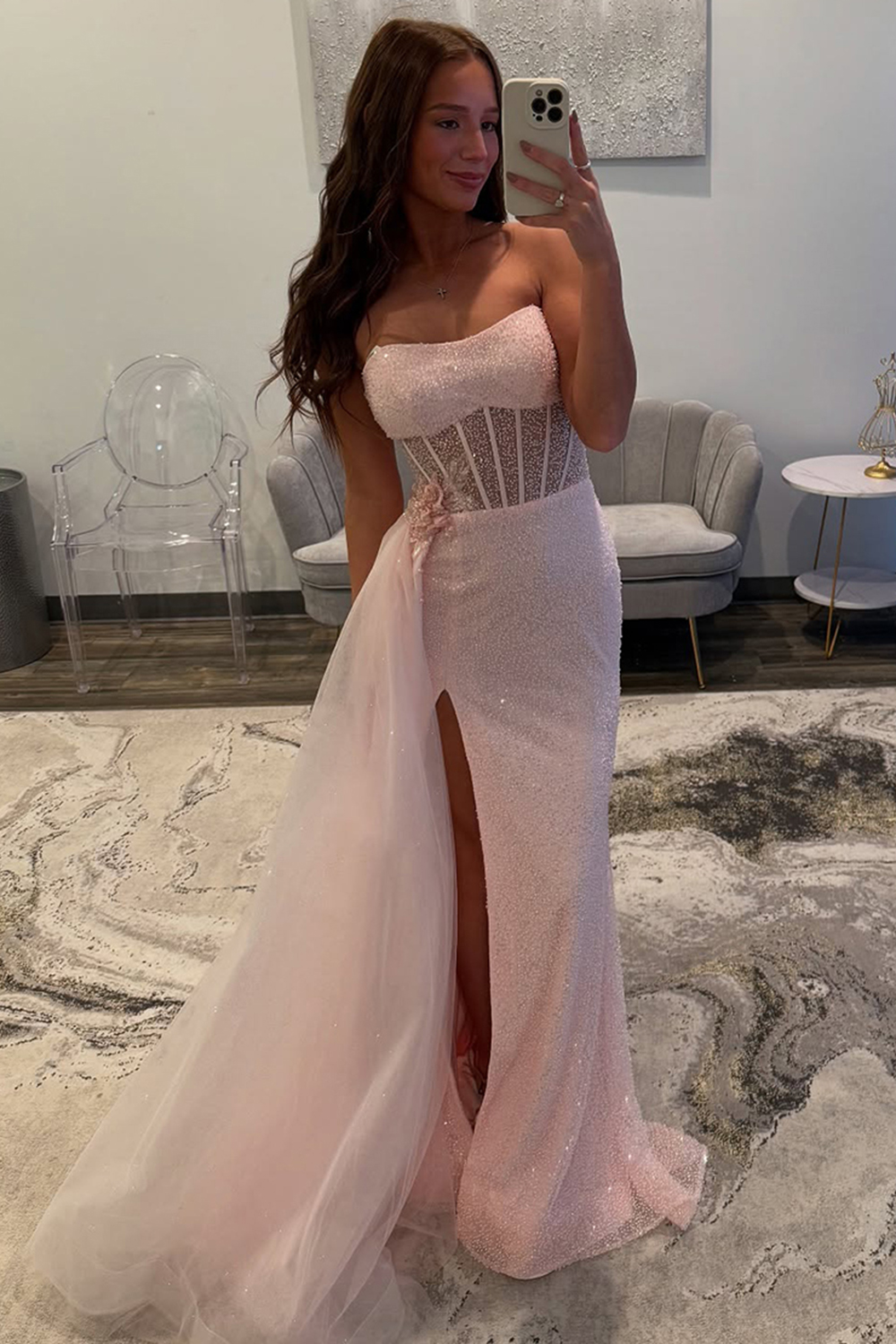 Light Pink Corset Tulle Long Prom Dress with Slit