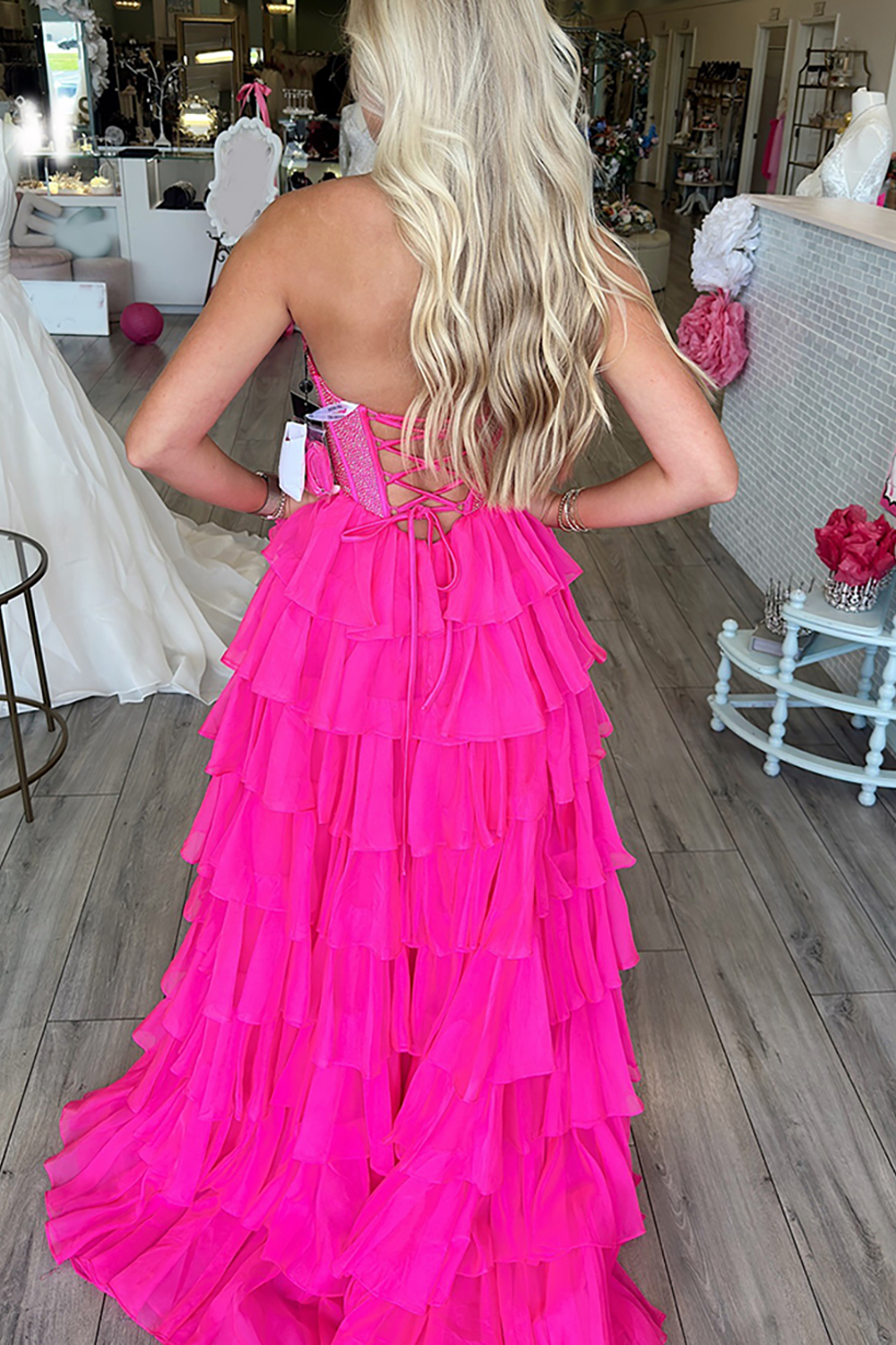 Sparkly Navy A Line Strapless Corset Long Chiffon Prom Dress