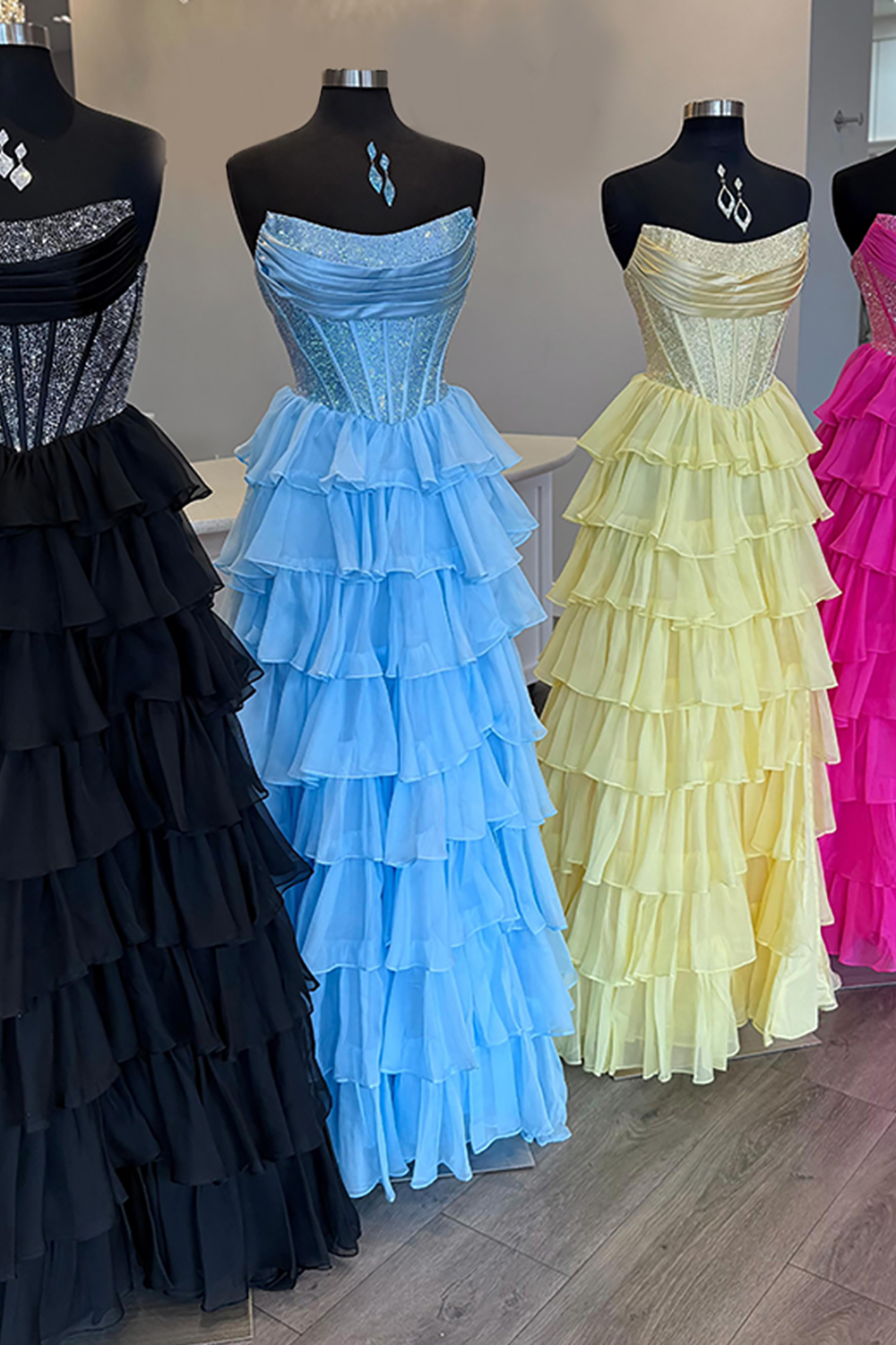 Sparkly Navy A Line Strapless Corset Long Chiffon Prom Dress