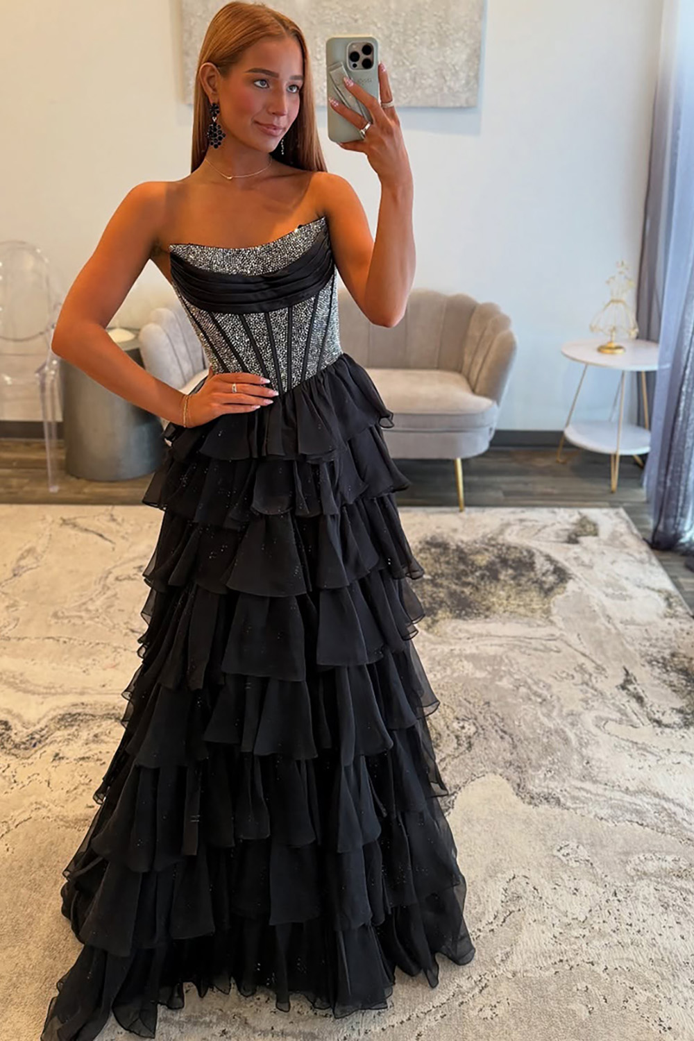 Sparkly Navy A Line Strapless Corset Long Chiffon Prom Dress