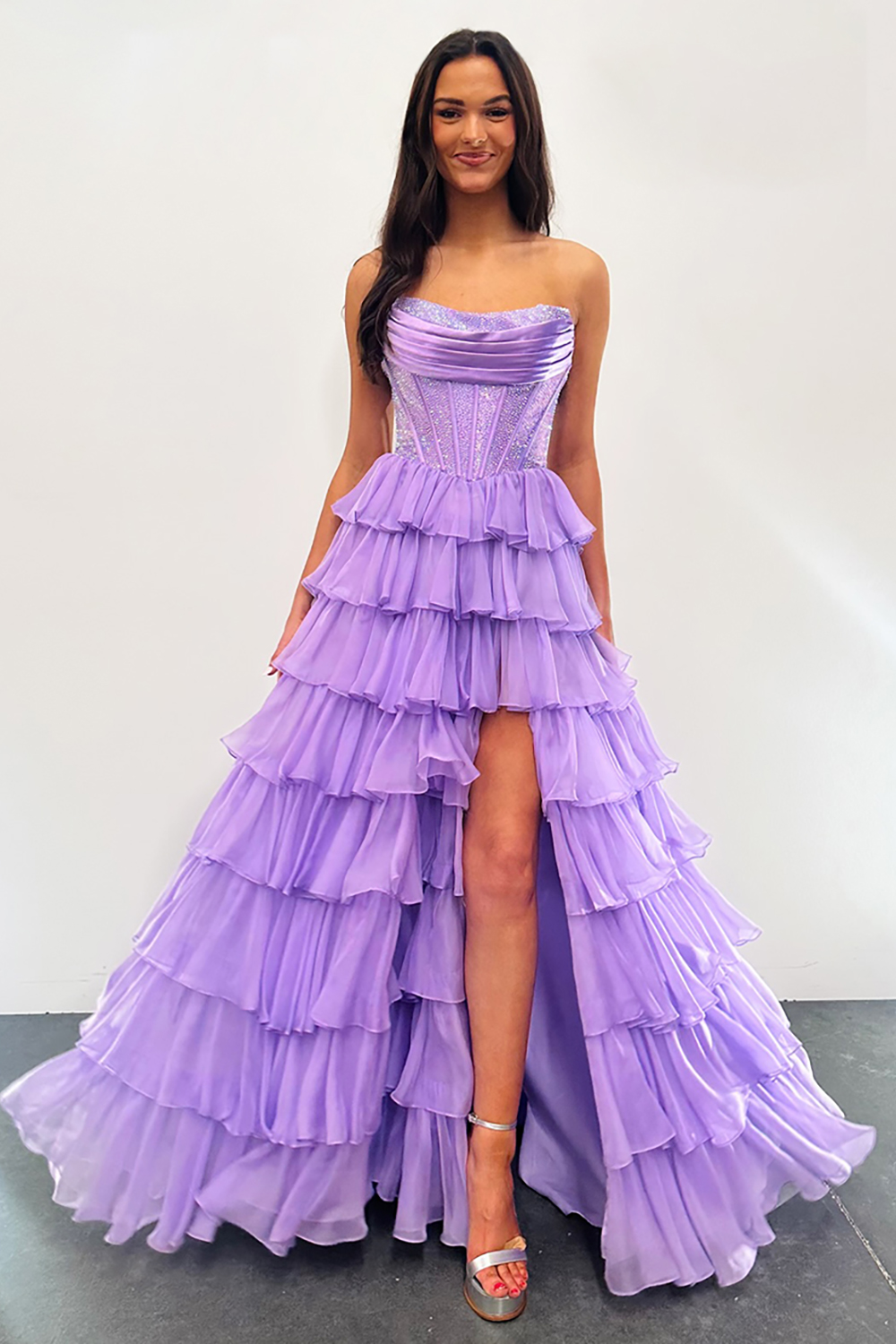 Sparkly Navy A Line Strapless Corset Long Chiffon Prom Dress