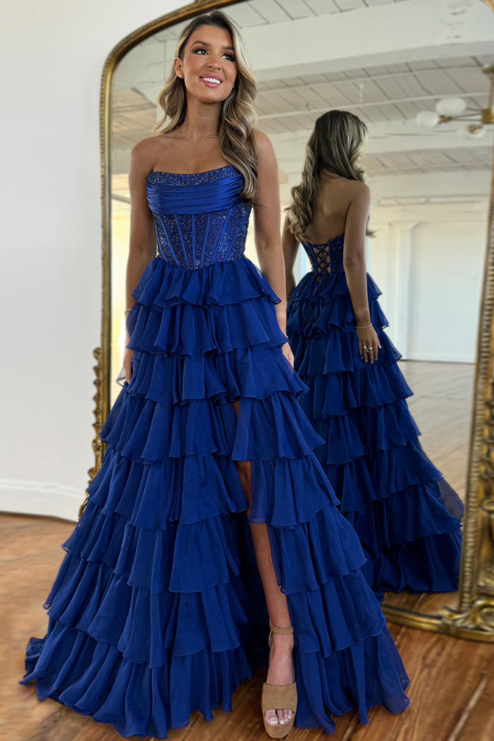 Sparkly Navy A Line Strapless Corset Long Chiffon Prom Dress