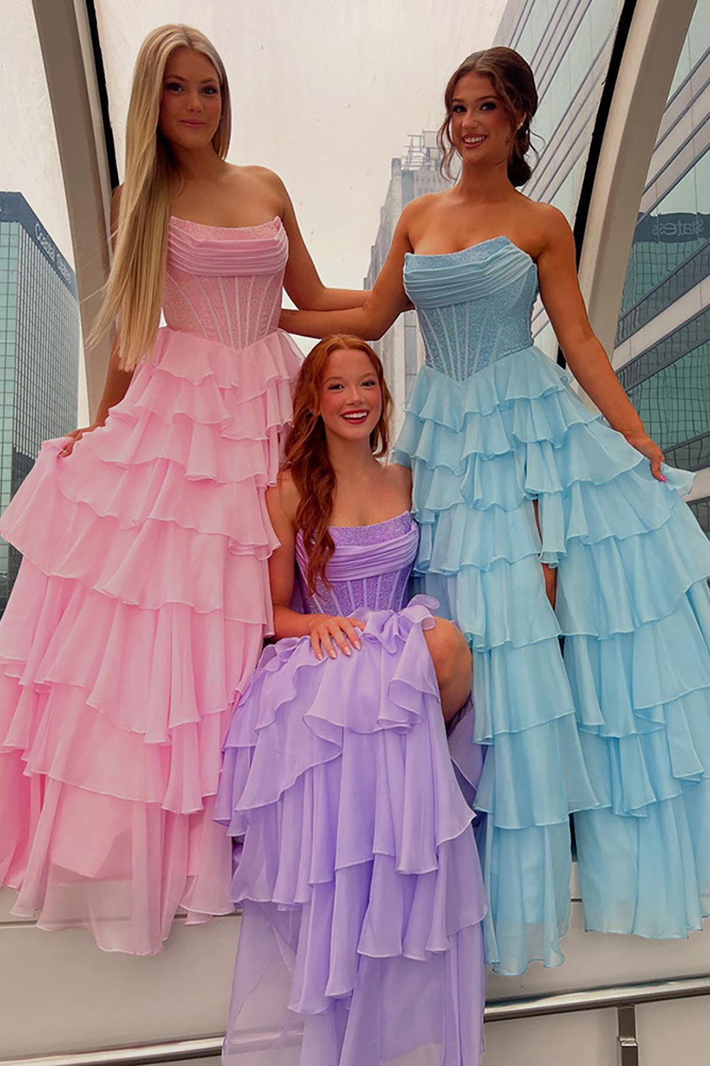 Sparkly Navy A Line Strapless Corset Long Chiffon Prom Dress