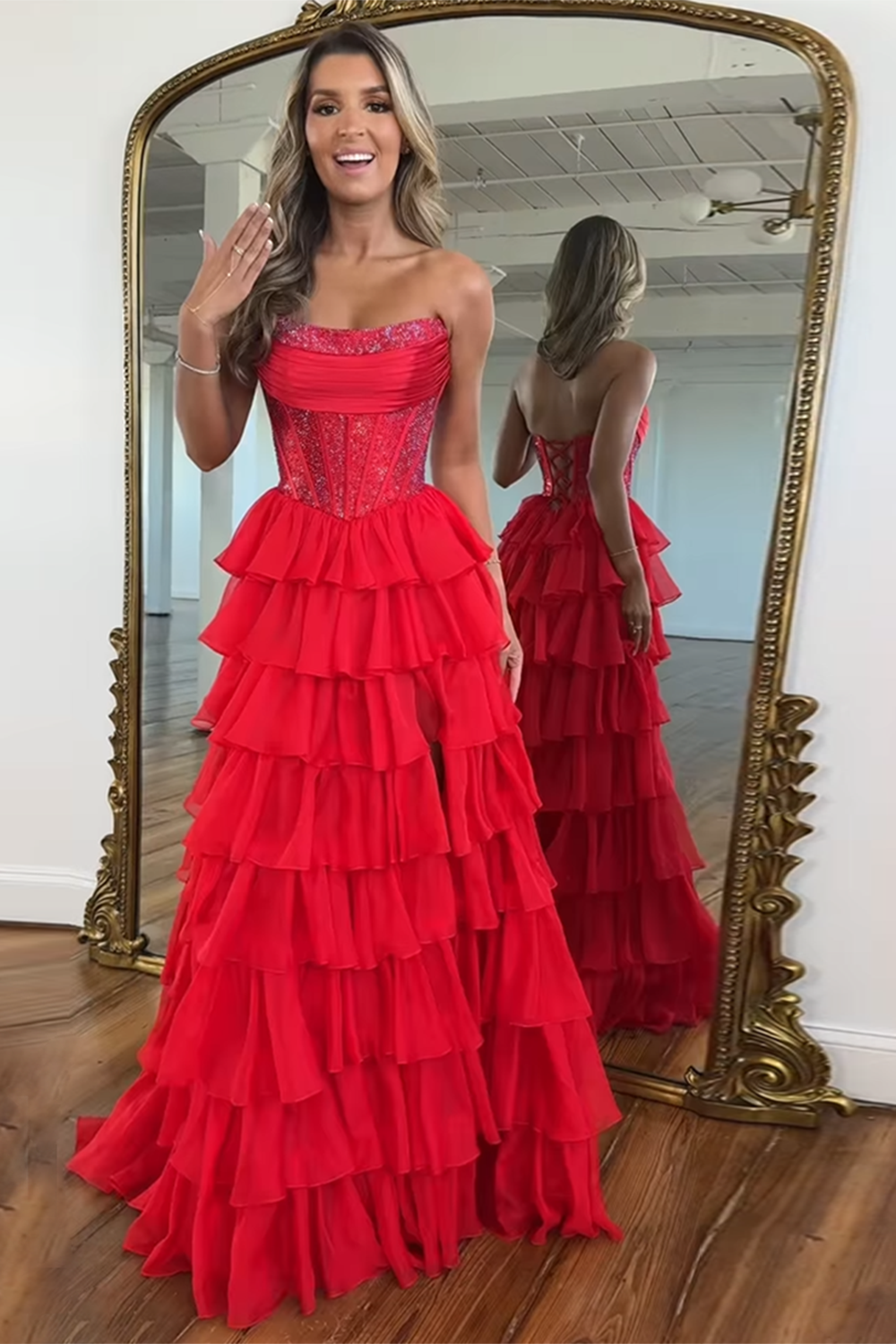 Sparkly Navy A Line Strapless Corset Long Chiffon Prom Dress