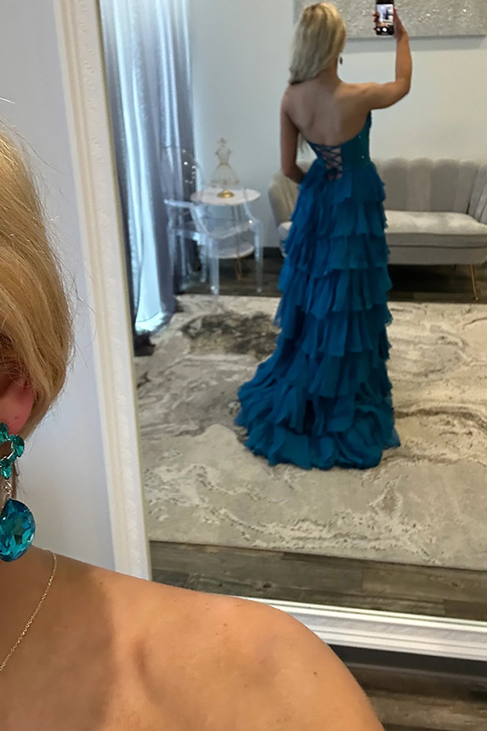 Sparkly Navy A Line Strapless Corset Long Chiffon Prom Dress