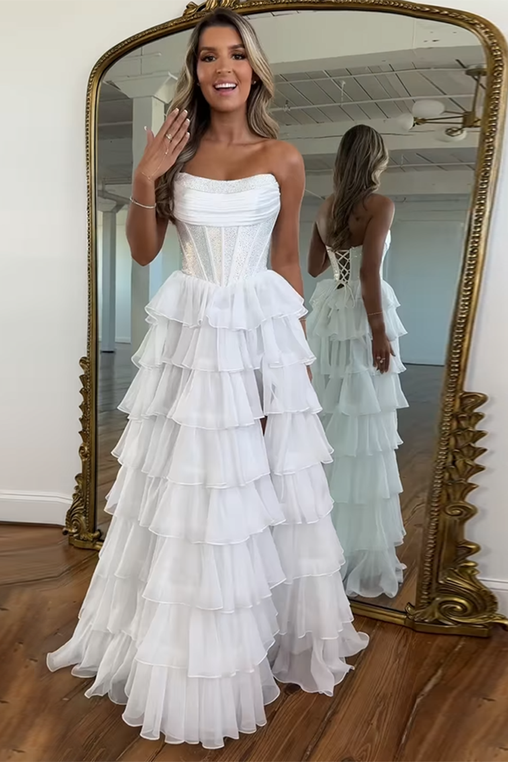 Sparkly Navy A Line Strapless Corset Long Chiffon Prom Dress