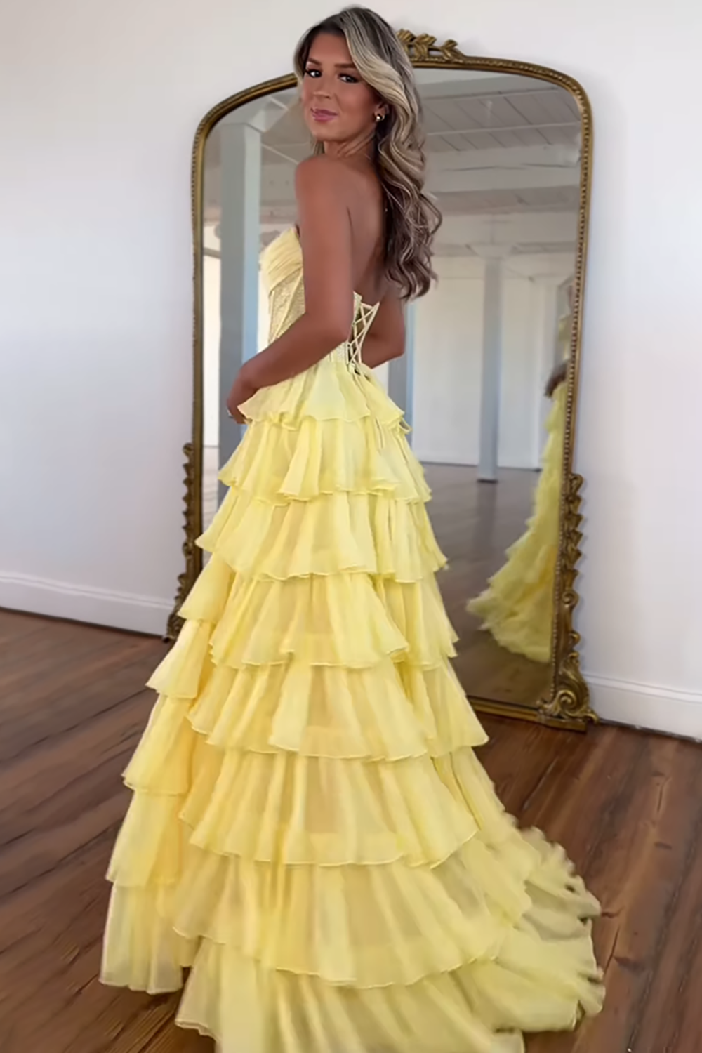 Sparkly Navy A Line Strapless Corset Long Chiffon Prom Dress