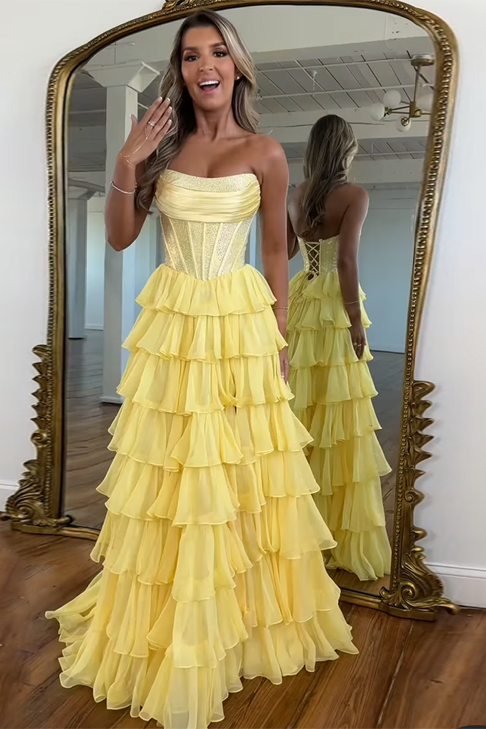 Sparkly Navy A Line Strapless Corset Long Chiffon Prom Dress