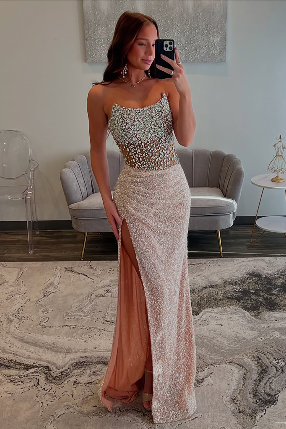 Sparkly Champagne Strapless Sheath Beaded Long Prom Dress with Slit