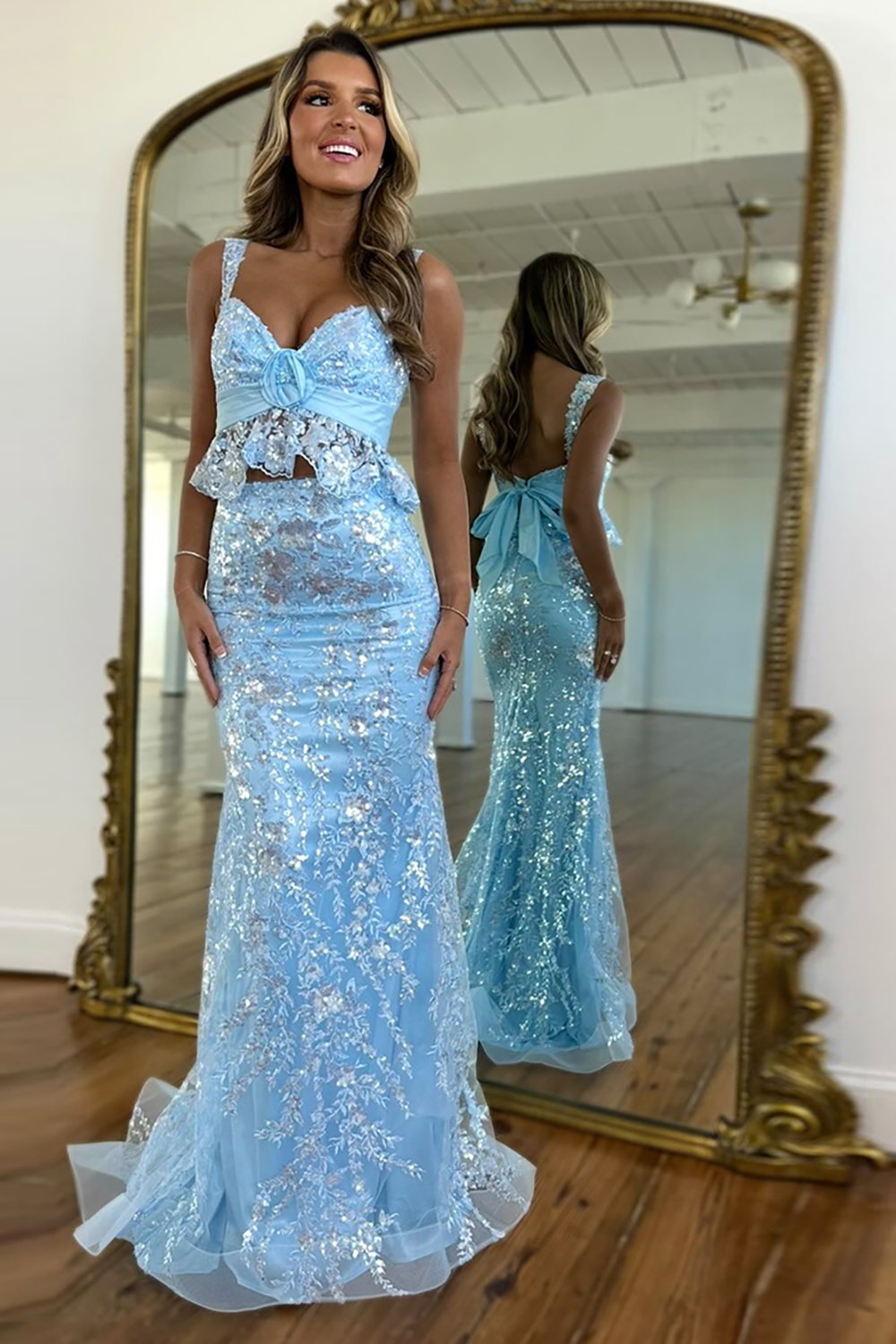 Sparkly Blue Sequined Long Mermaid Prom Dress with Bow