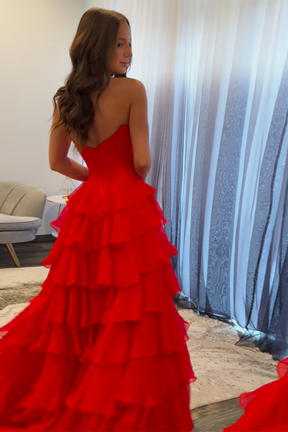 Red Ruffled Sweetheart A Line Chiffon Prom Dress with Lace