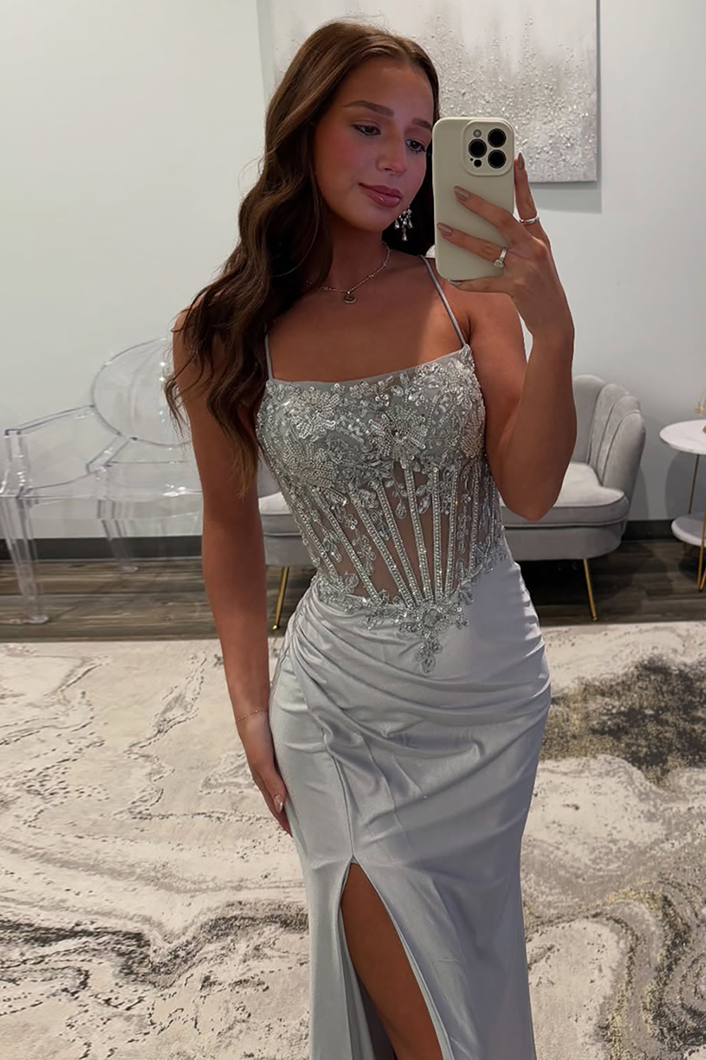 Silver Sparkly Satin Corset Long Prom Dress with Slit