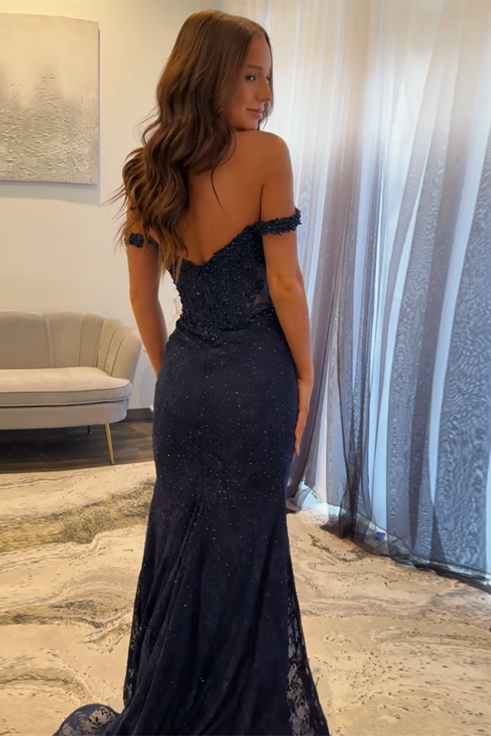 Navy Off The Shoulder Mermaid Long Lace Prom Dress