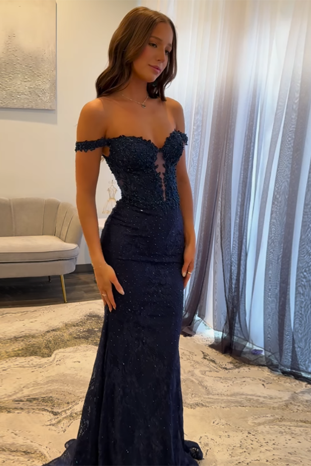 Navy Off The Shoulder Mermaid Long Lace Prom Dress