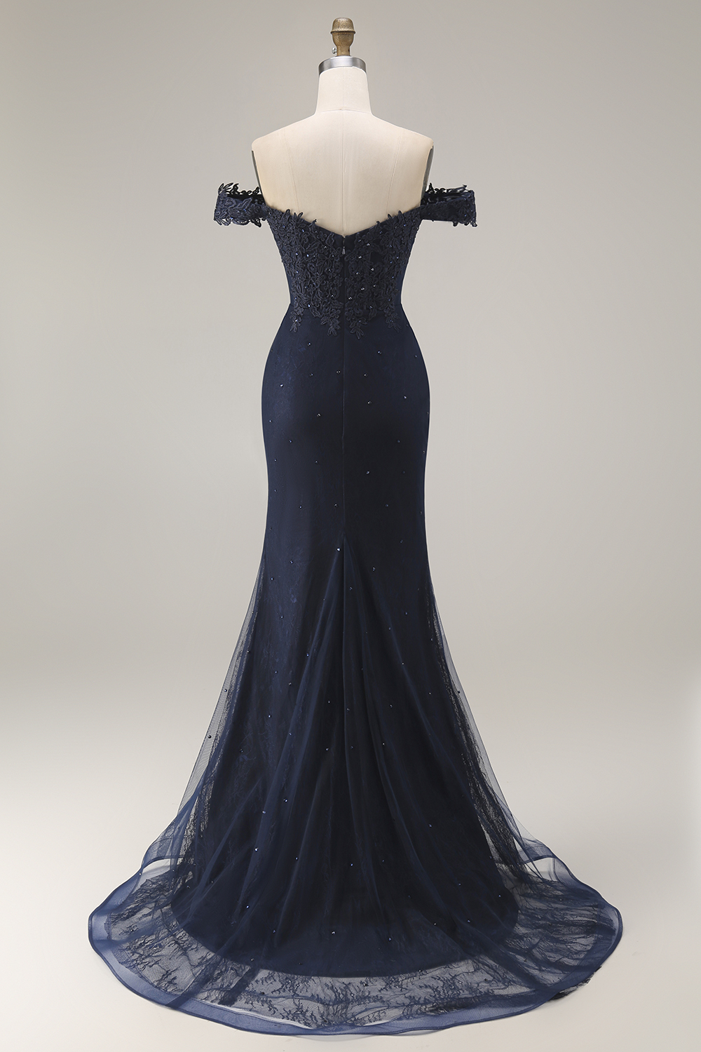 Navy Off The Shoulder Mermaid Long Lace Prom Dress