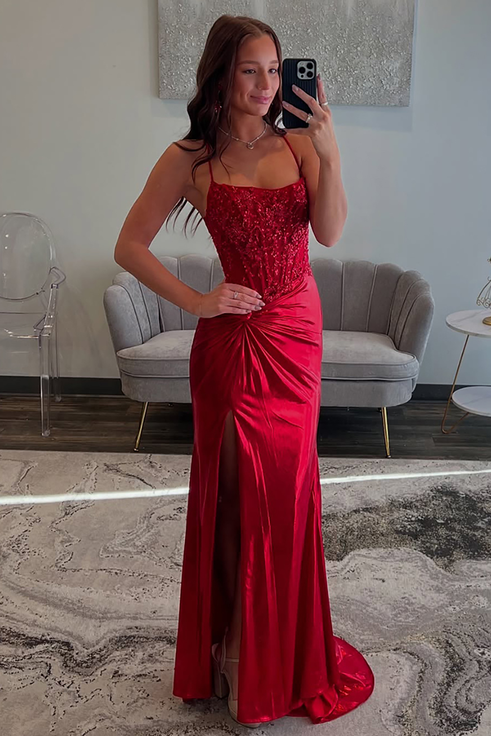 Red Spaghetti Straps Ruhed Long Lace Prom Dress with Appliques