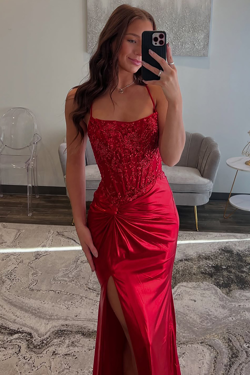 Red Spaghetti Straps Ruhed Long Lace Prom Dress with Appliques