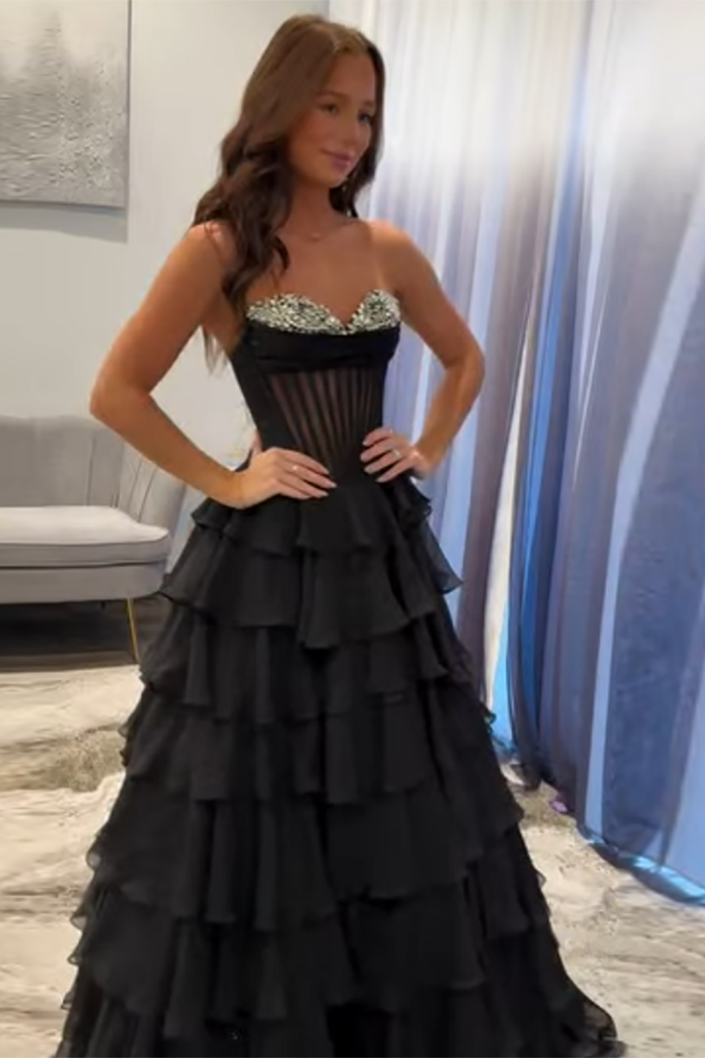 Ruffled Black A Line Corset Long Prom Dress with Beadings