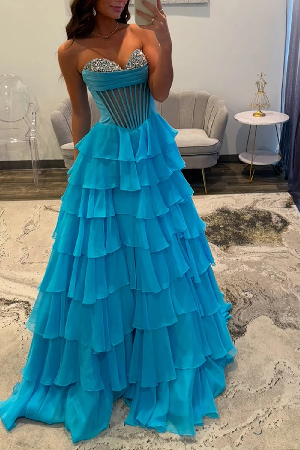 Ruffled Black A Line Corset Long Prom Dress with Beadings