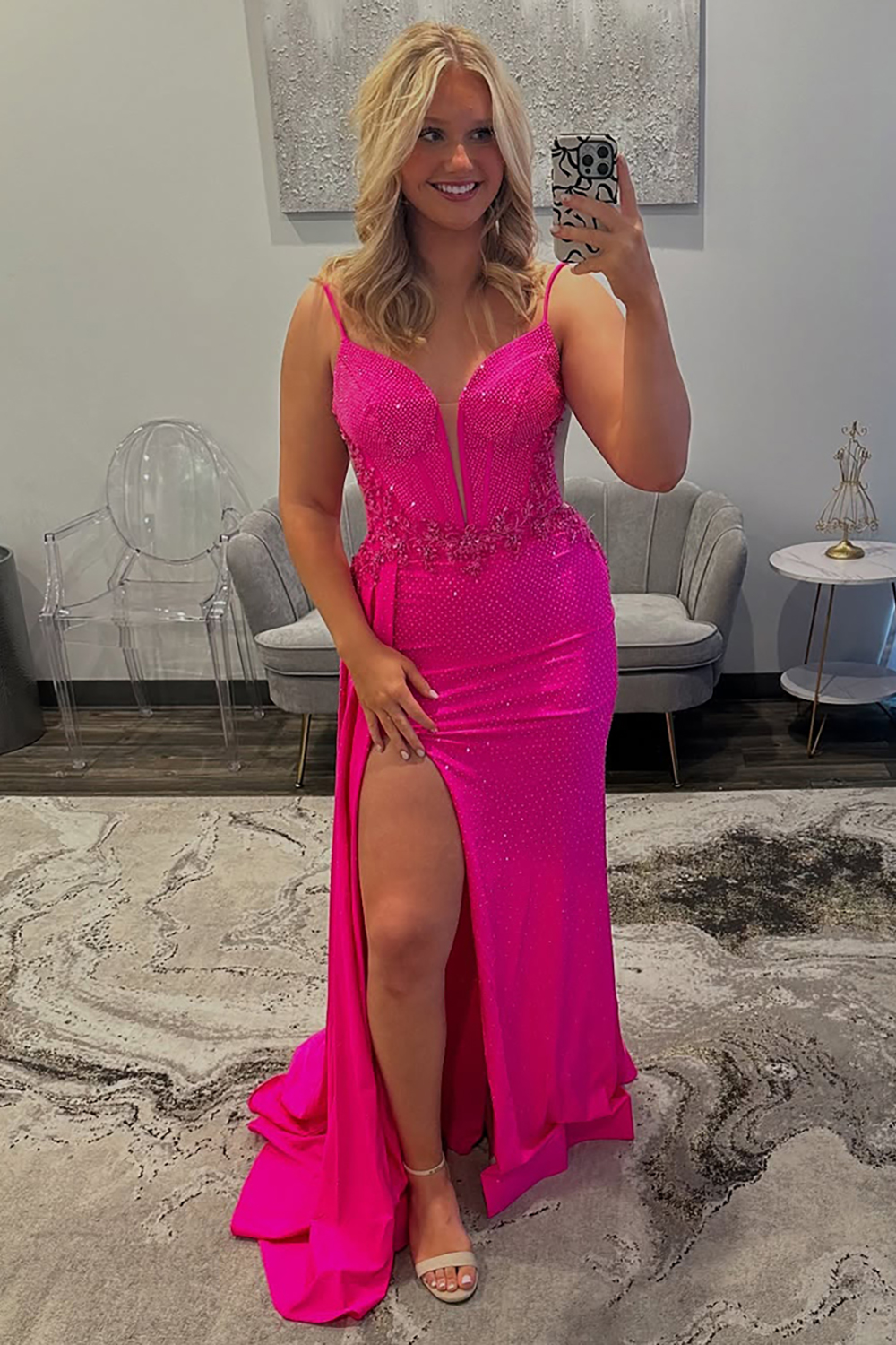 Sparkly Fuchsia Beaded Spaghetti Straps Prom Dress with Slit