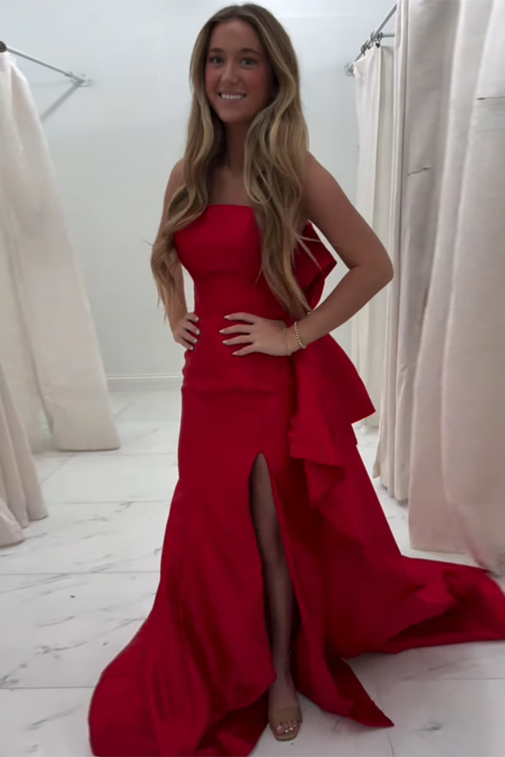 Red Bow Strapless A Line Long Prom Dress with Slit