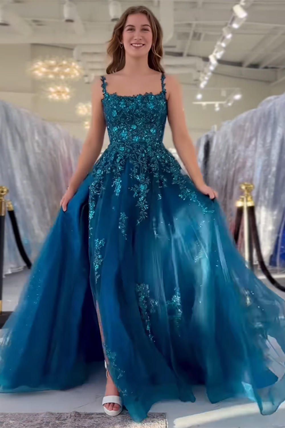 Peacock Blue A Line Appliqued Tulle Long Prom Dress with Slit