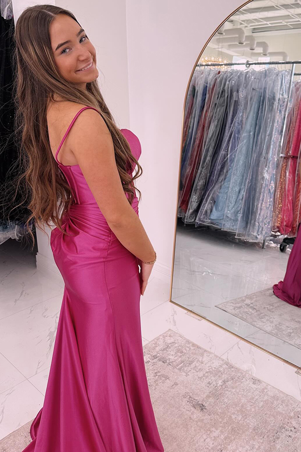 Fuchsia Satin Spaghetti Straps Sheath Long Prom Dress
