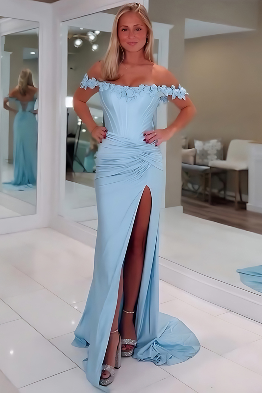 Light Blue Off The Shoulder Corset Mermaid Long Prom Dress with Slit