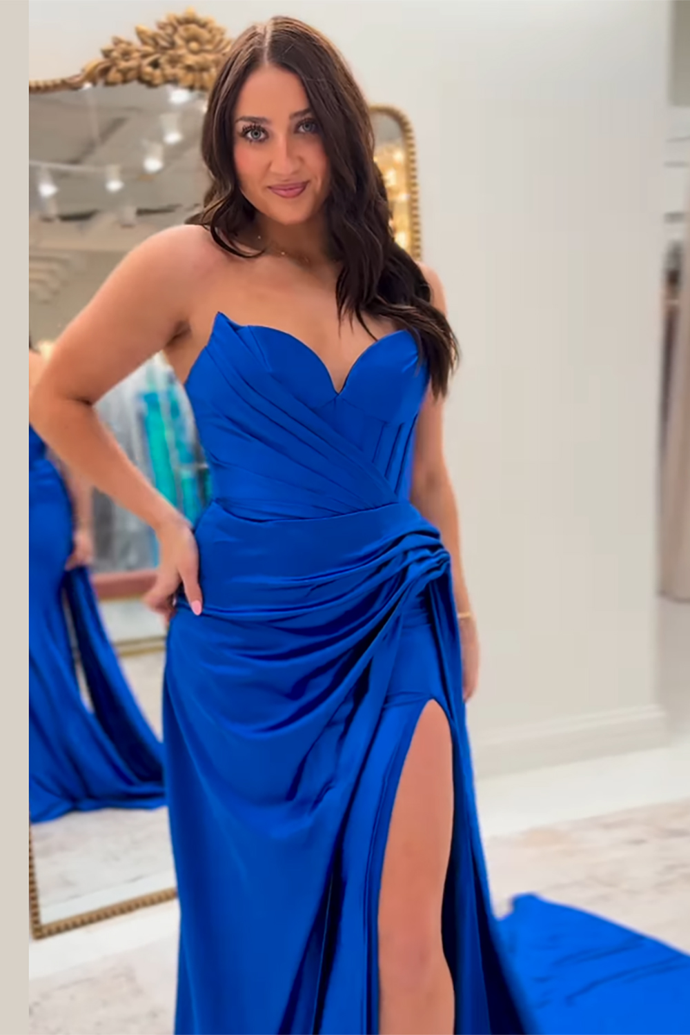 Ruched Blue Sweetheart Long Prom Dress with Slit