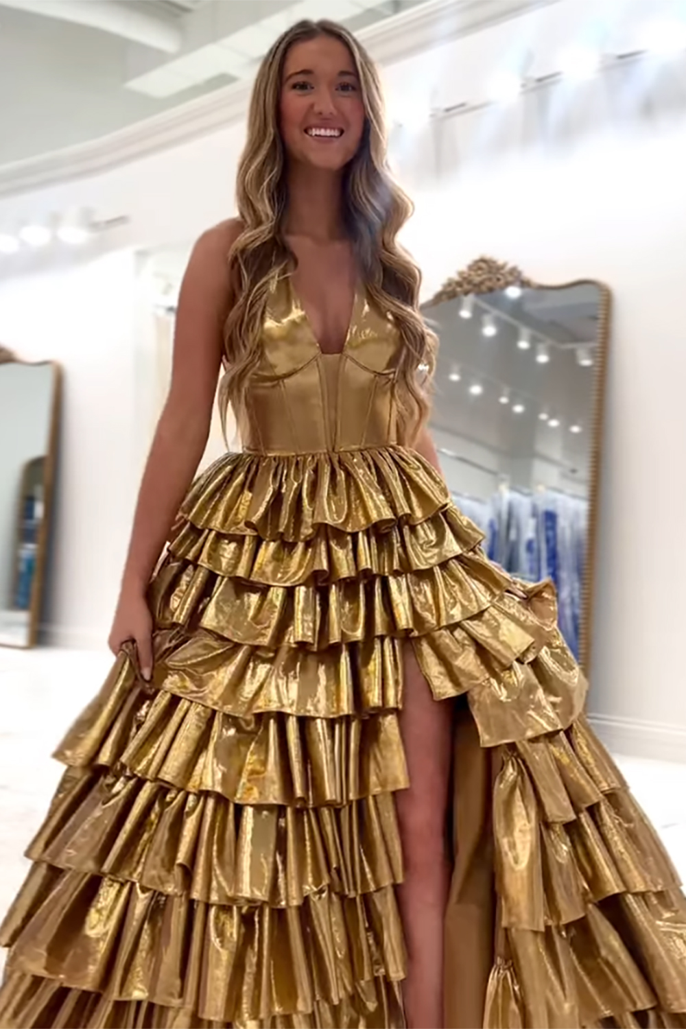 Gold A Line Halter Ruffled Long Prom Dress with Slit