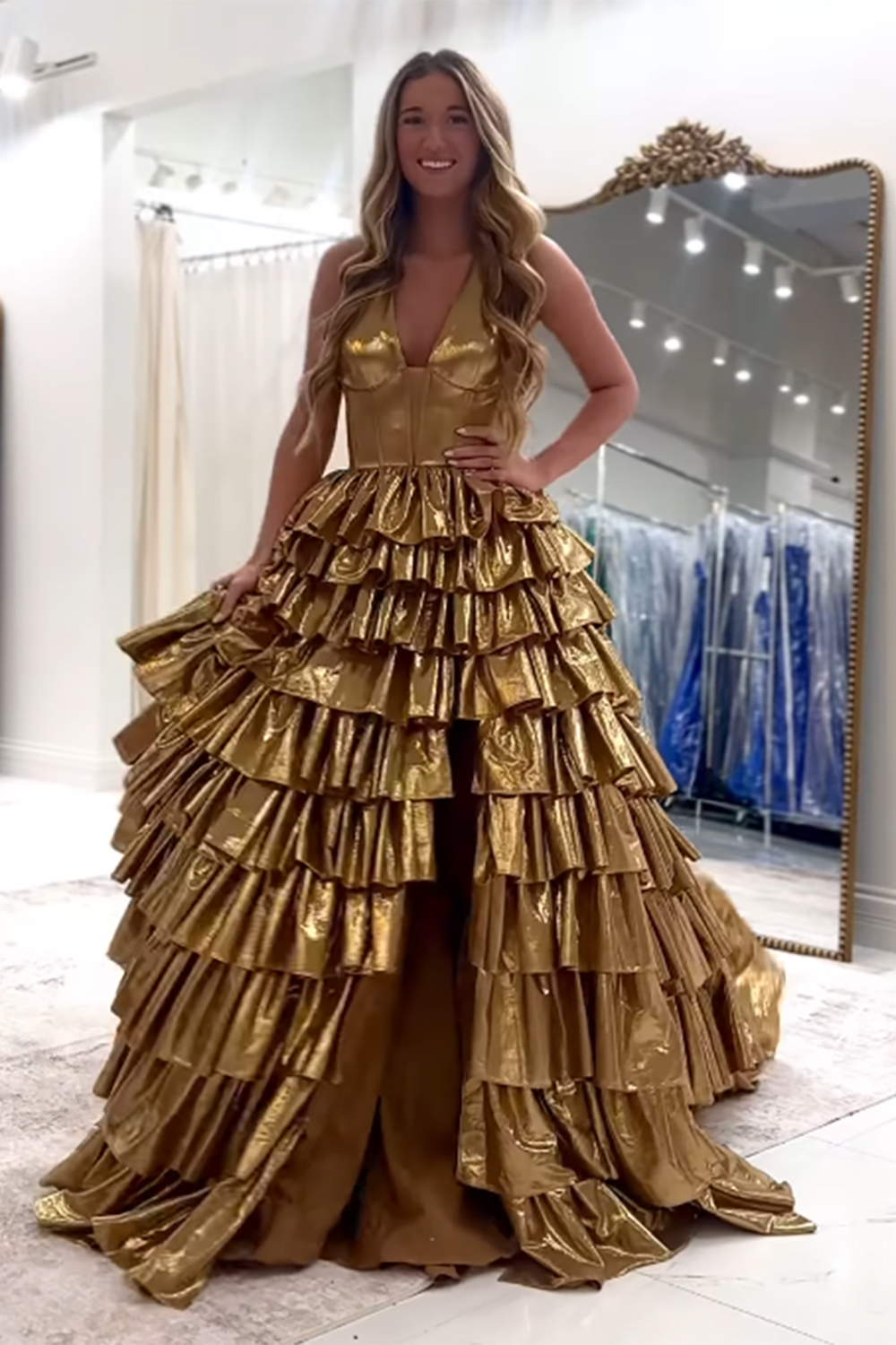 Gold A Line Halter Ruffled Long Prom Dress with Slit